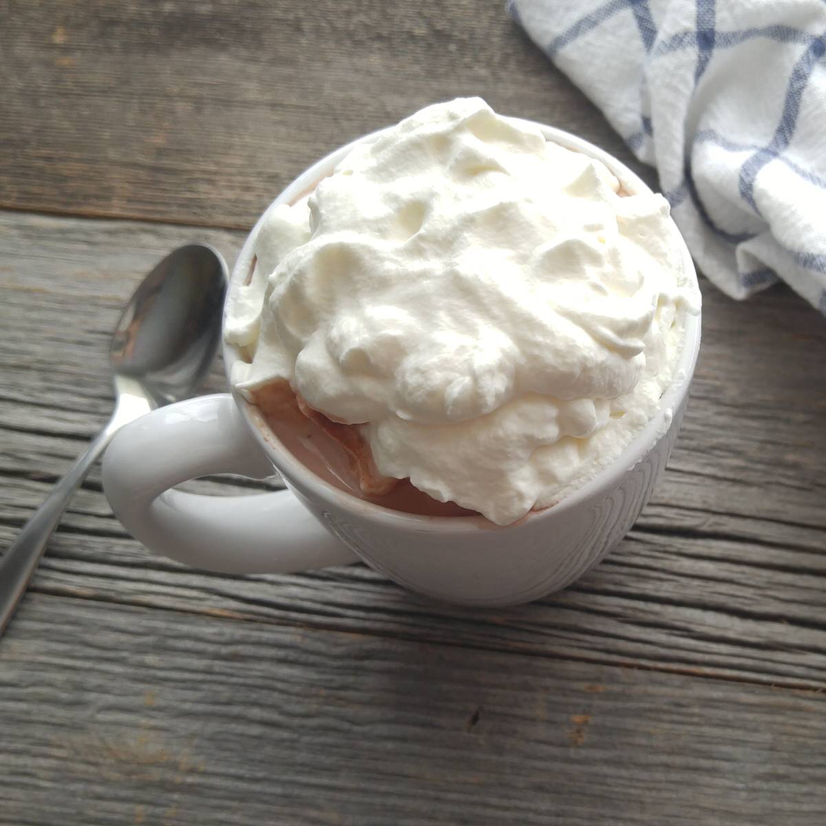 white mug full of grandma's best hot chocolate and whipped cream sit on a rustic wooden table