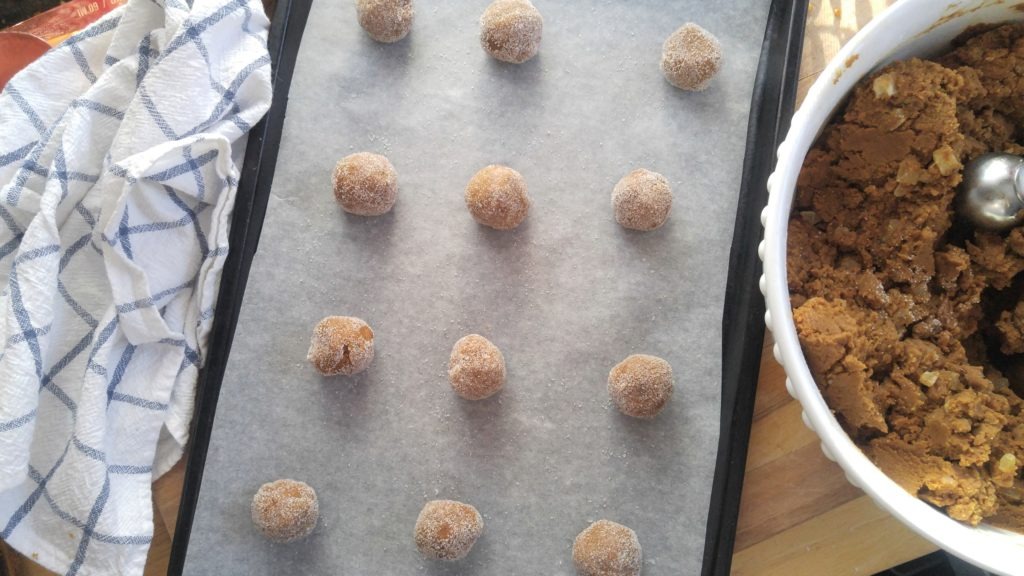 rolled balls of gingersnap cookies on a baking tray lined with parchment paper.
