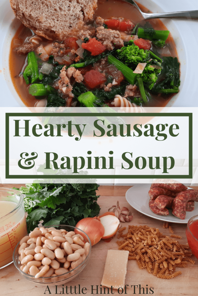 This is the ultimate soup recipe for cold or rainy nights. Packed full of hearty sausage, greens, white beans, and whole wheat pasta, it hits all the spots. It's everything a good soup should be. Give it a try!
#soup #sausage #whitebean #rapini #whitekidneybeans #heartysoup #wintersoup #fallsoup #rainydaymeal  #easysouprecipe #simplerecipe #cozywinterrecipes #alittlehintofthis