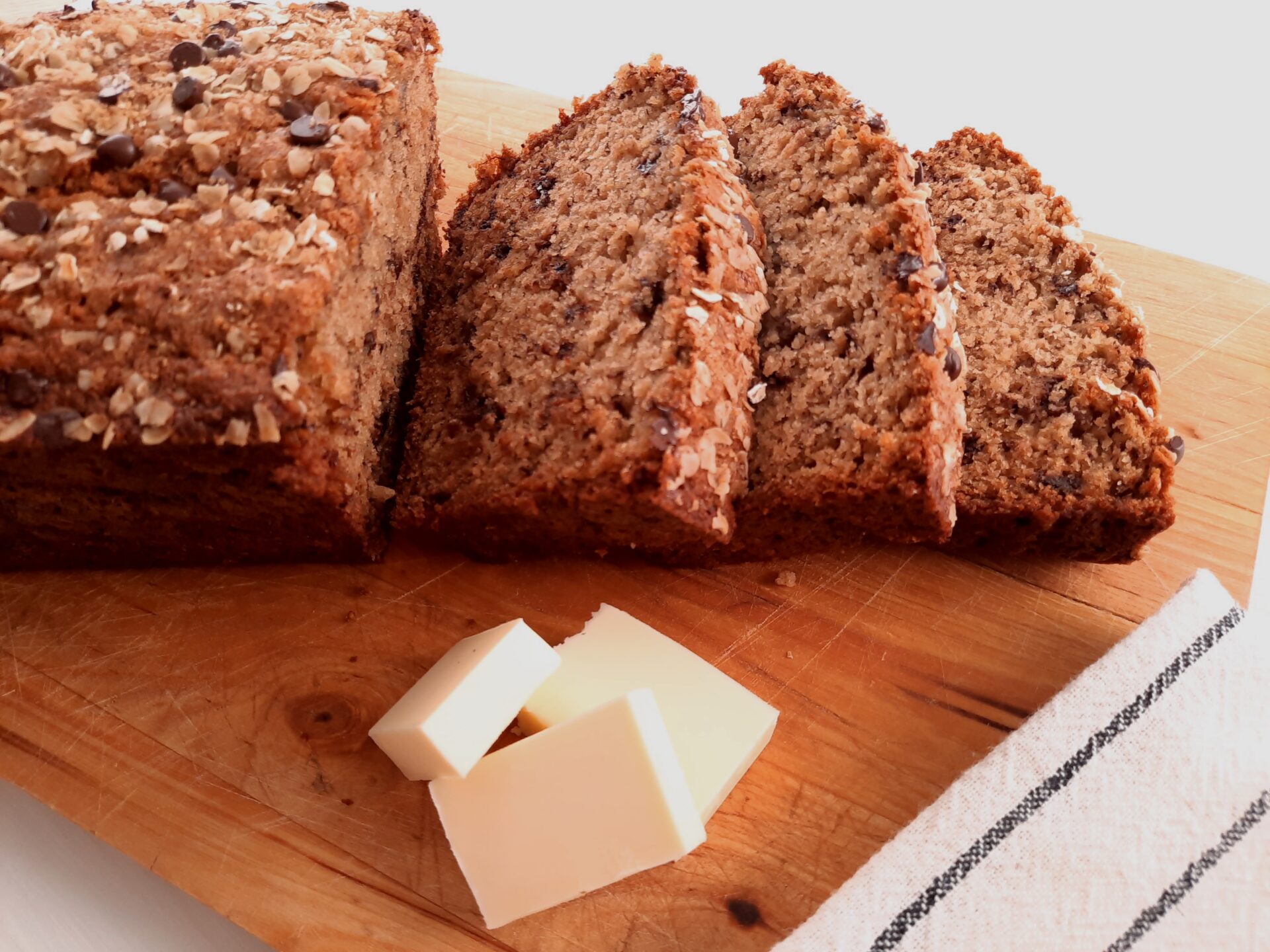 sliced banana bread on a cutting board