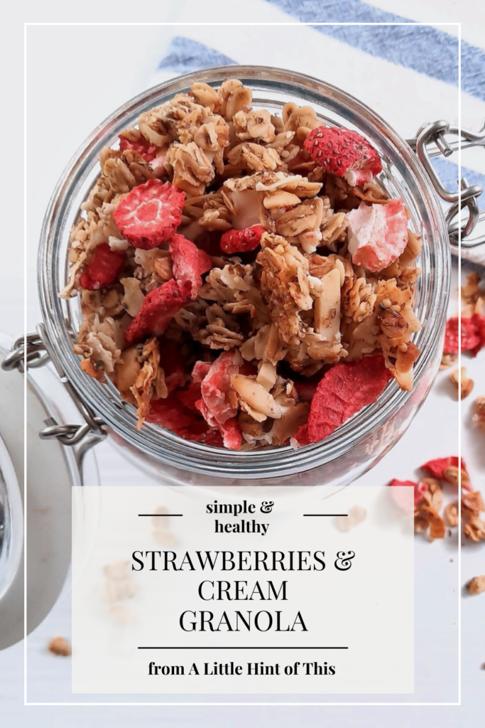 Quick, easy, and healthy Strawberries & Cream Granola with strawberries, coconut flakes, almonds, and hints of creamy white chocolate. A perfect breakfast or snack that's simple to whip up!
#alittlehintofthis #strawberryseason #strawberries #strawberriesandcream #breakfast #quickandeasybreakfast #summersnack #yum #granola