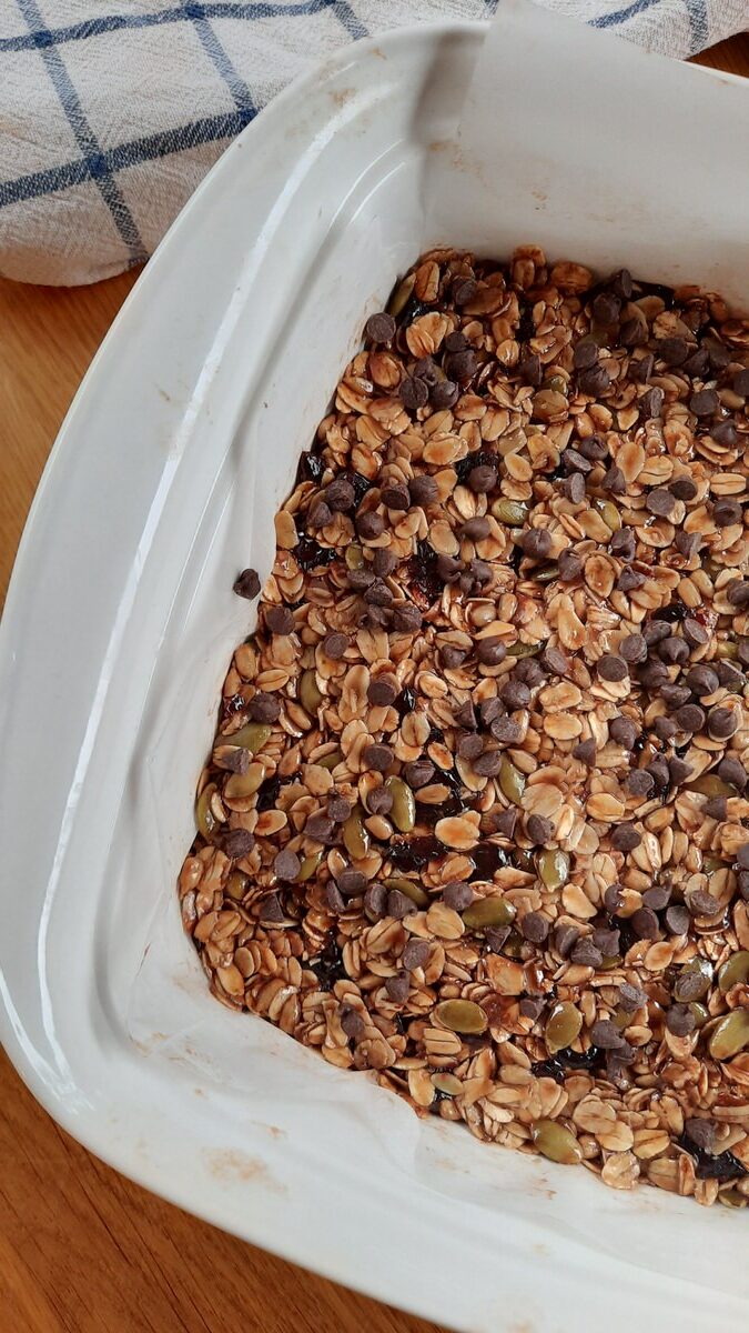 partial view of a pan full of granola bars, uncut