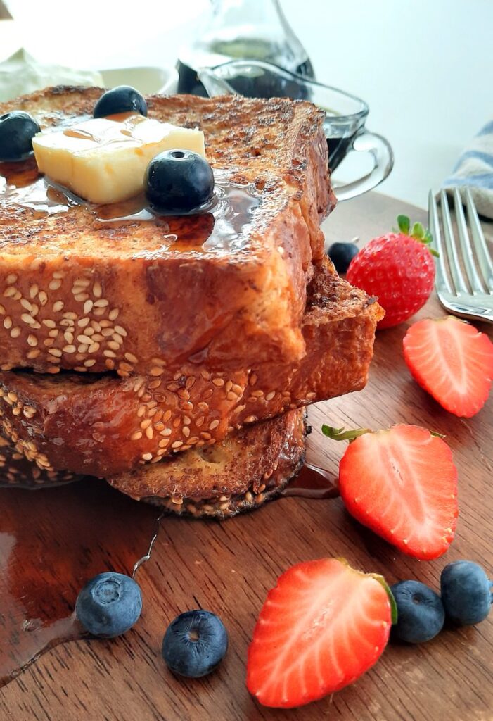 side view of three thick slices of french toast