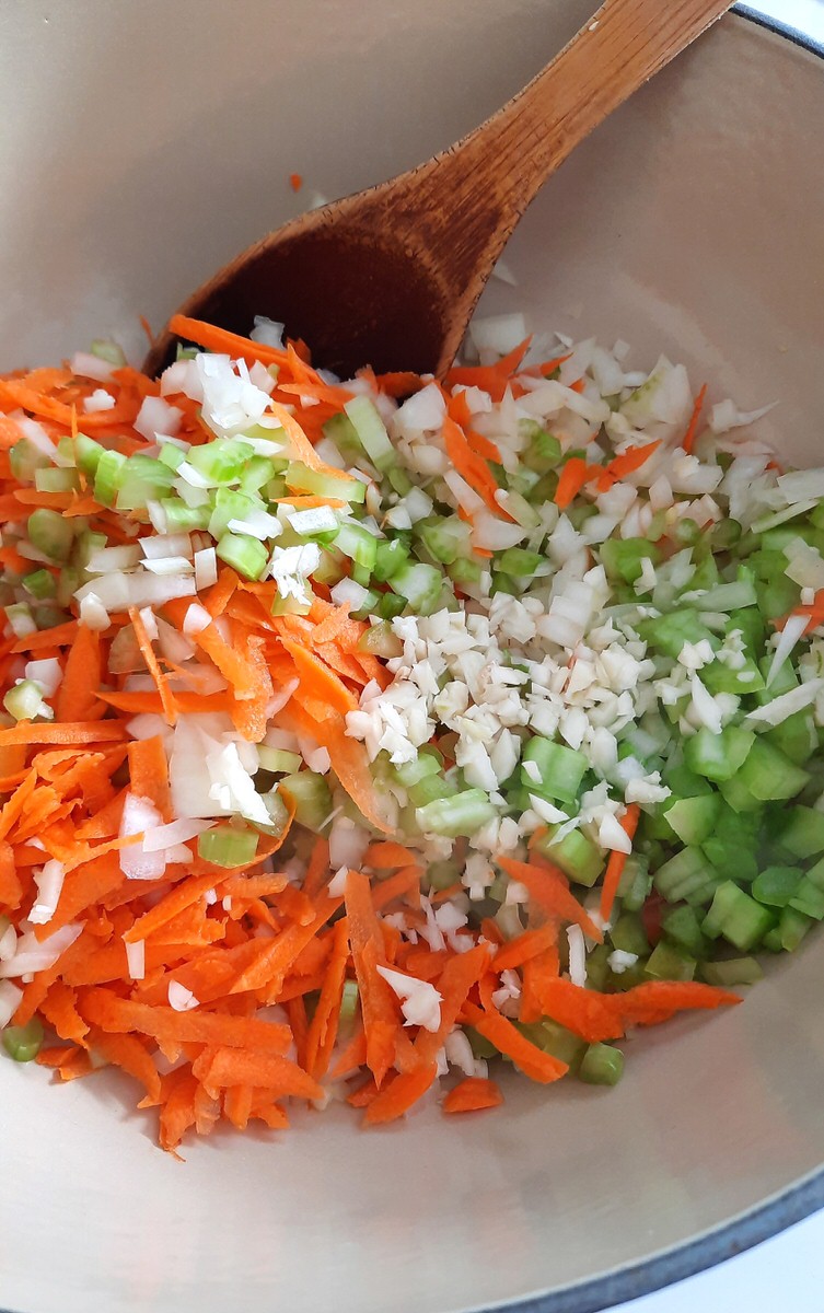 chopped vegetables in a pot as the base for easy homemade pasta sauce