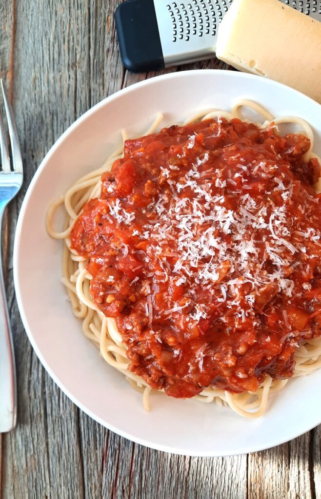 big bowl of spaghetti and meat sauce