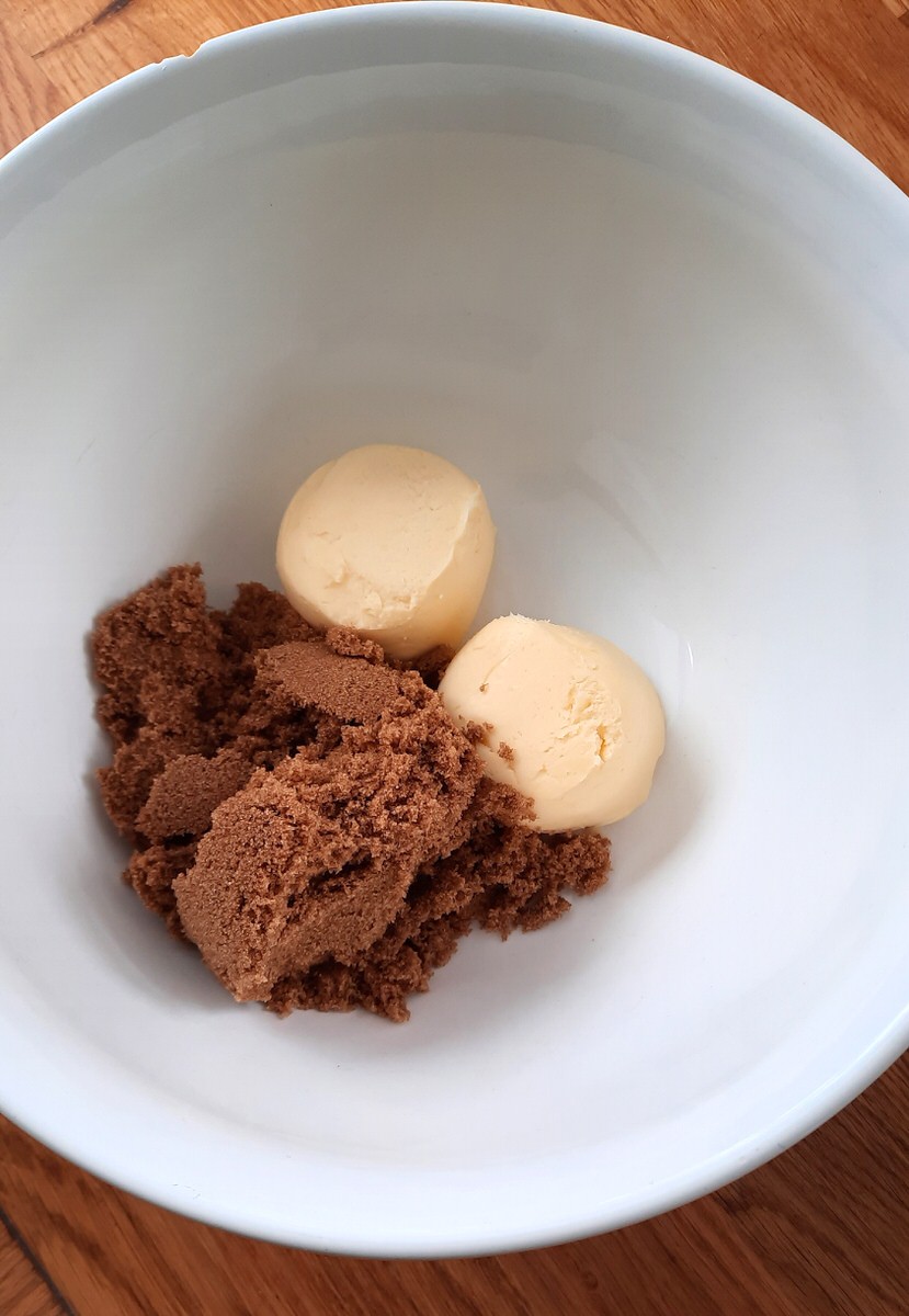 butter and brown sugar in a mixing bowl