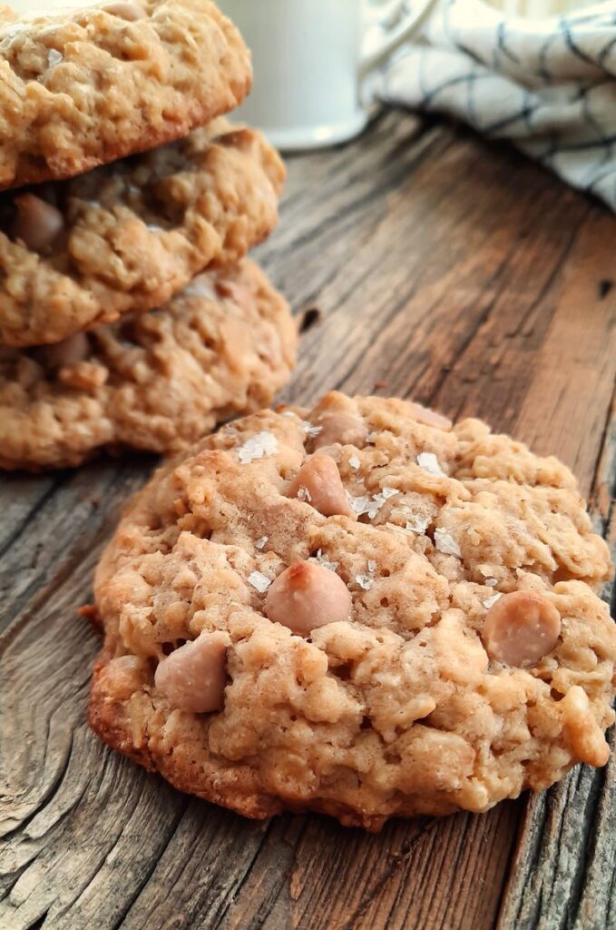stacks of chewy salted caramel oatmeal cookies