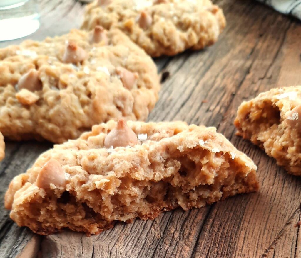 half an oatmeal cookie on a counter