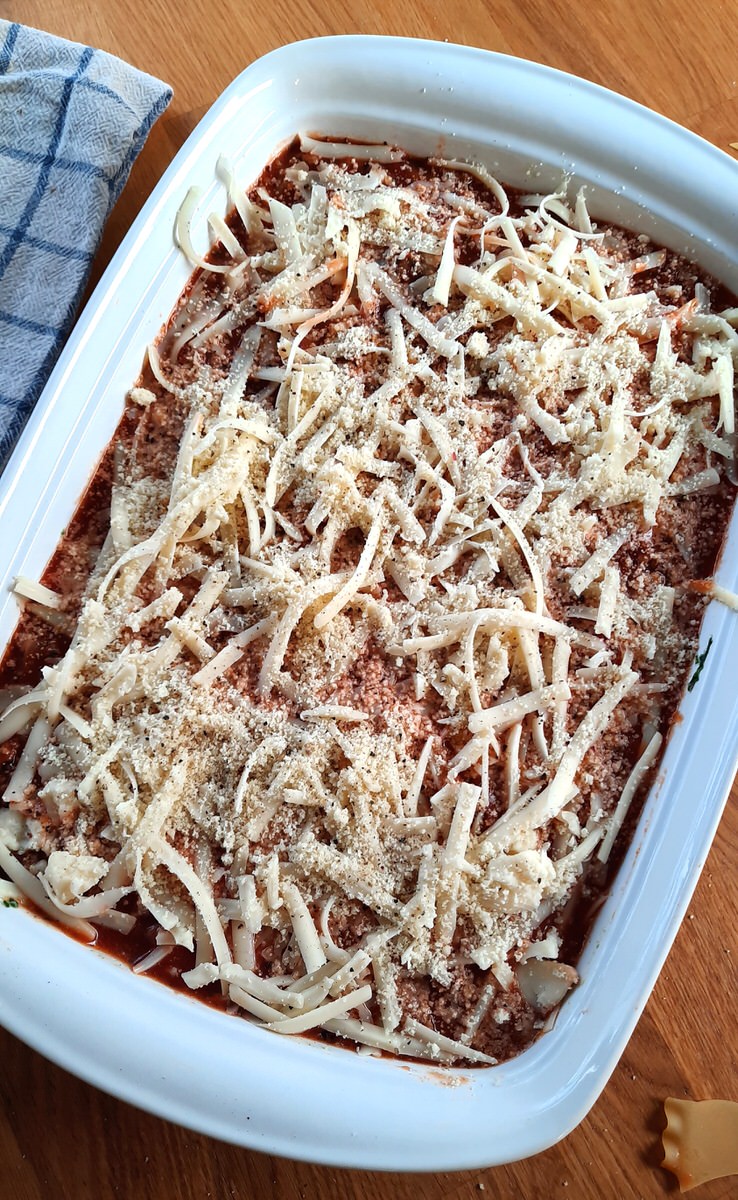 finished, uncooked homemade lasagna