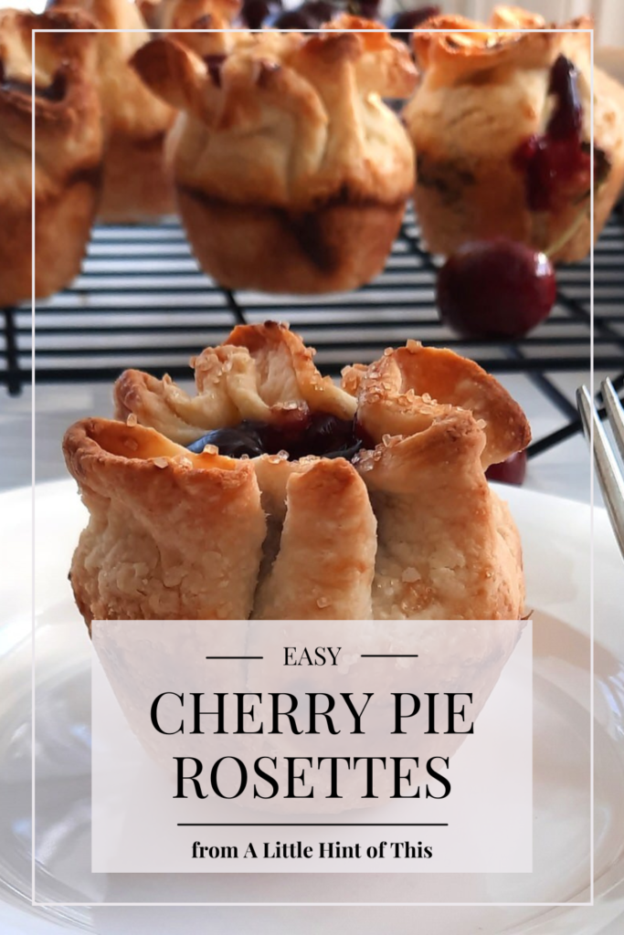 These sweet cherry pie rosettes are easy to make and bursting with cherry pie filling. Perfect for entertaining or for a family dessert. Complete with step-by-step instructions to make this dessert as quick and easy a possible.
#cherrypie #cherrydesserts #pie #minipies #pierosettes #dessert #alittlehintofthis #entertaining