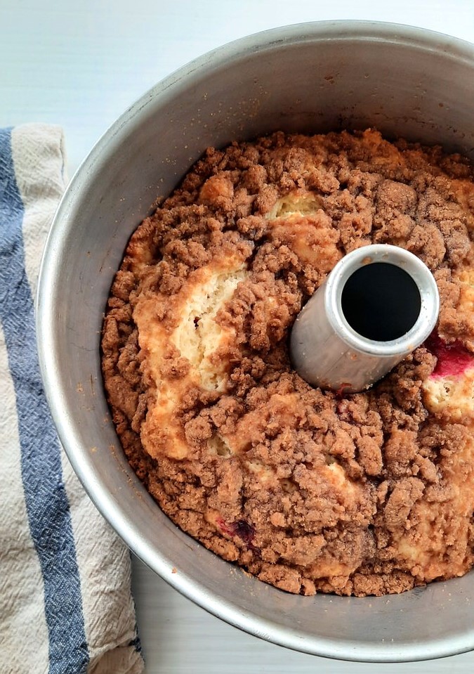 fresh cranberry coffee cake in a tube pan