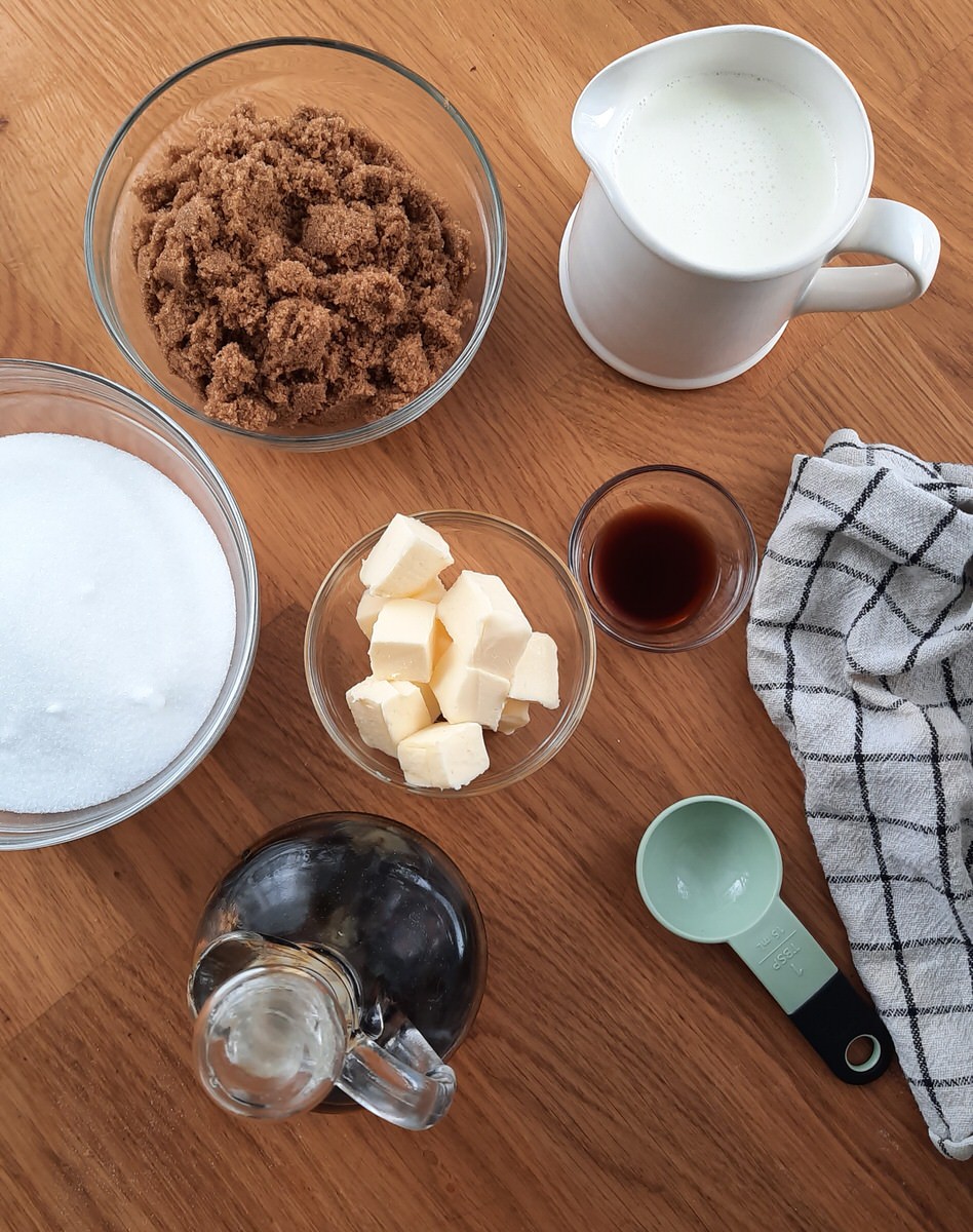 ingredients for maple fudge laid out on a counter