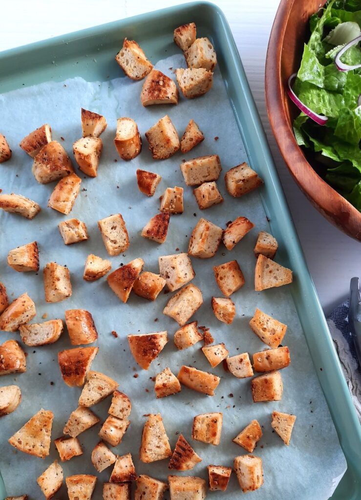 bagel croutons on a baking sheet