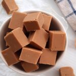 piles of easy maple fudge in a white bowl
