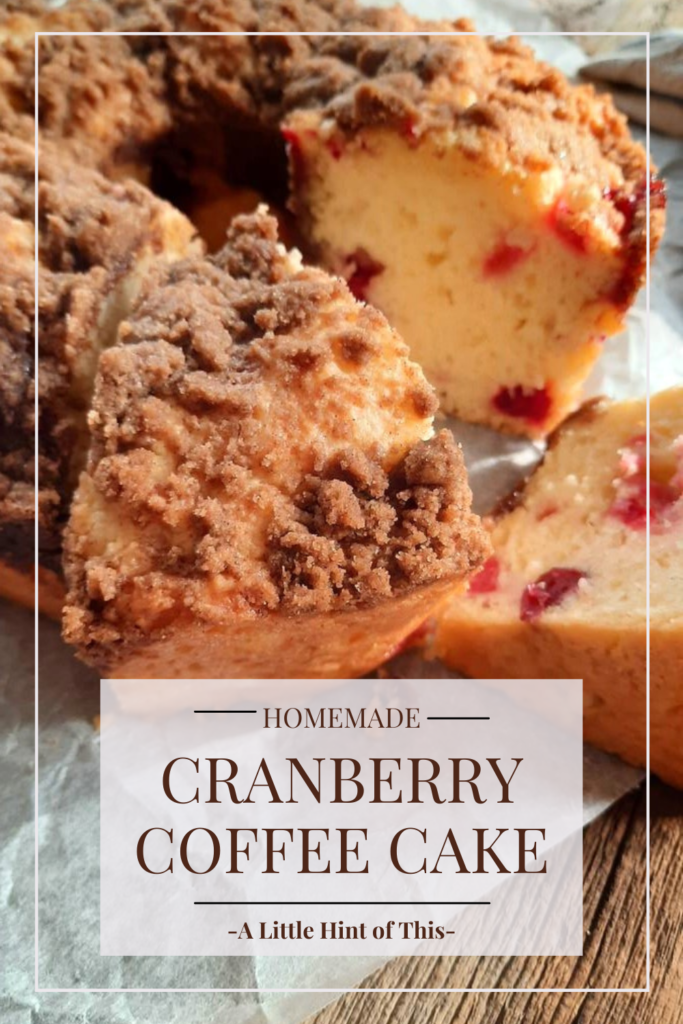 This homemade Cranberry Sour Cream Coffee Cake recipe makes a perfectly fluffy and moist coffee cake that is perfect for brunch, dessert, or simply a cup of coffee or tea. Full of fresh or frozen cranberries, this is an easy recipe with step-by-step instructions.
#coffeecake #cranberries #brunch #easydessert #homemade #baking #cranberrycoffeecake #sourcreamcoffee cake #alittlehintofthis