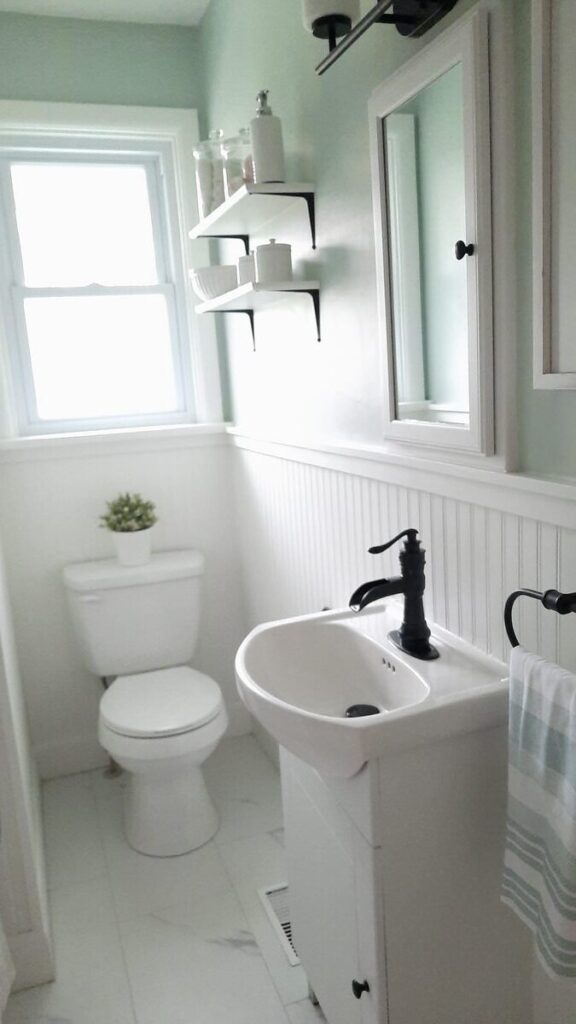 beautiful and fresh white and soft green bathroom makeover