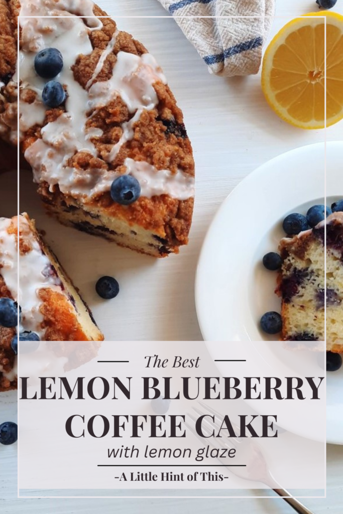 This lemon blueberry coffee cake is made with yogurt to keep it lighter and more flavourful. Bursts of sweet blueberries and lemon zest fill this brunch or dessert treat. Topped with a crunchy cinnamon brown sugar strudel topping and drizzled with a perfectly-tart lemon glaze, this coffee cake is sure to impress for your next holiday meal!
#coffeecake #lemoncake #blueberrycake #lemon #blueberries #easter #brunch #easterrecipes #holiday #coffeetime #alittlehintofthis