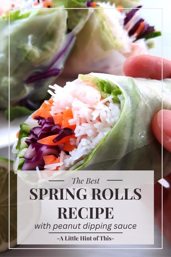 These easy and delicious fresh spring rolls are filled with fresh veggies, rice noodles, shrimp, and fresh herbs. A perfect snack or meal with peanut dipping sauce on the side. 
#springrolls #freshspringrolls #ricepaper #lightmeal #summermeal #alittlehintofthis #peanutsauce #thairecipes